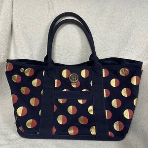 Tommy Hilfiger Handbag Purse to Tote bag - navy blue, gold/maroon polka dots